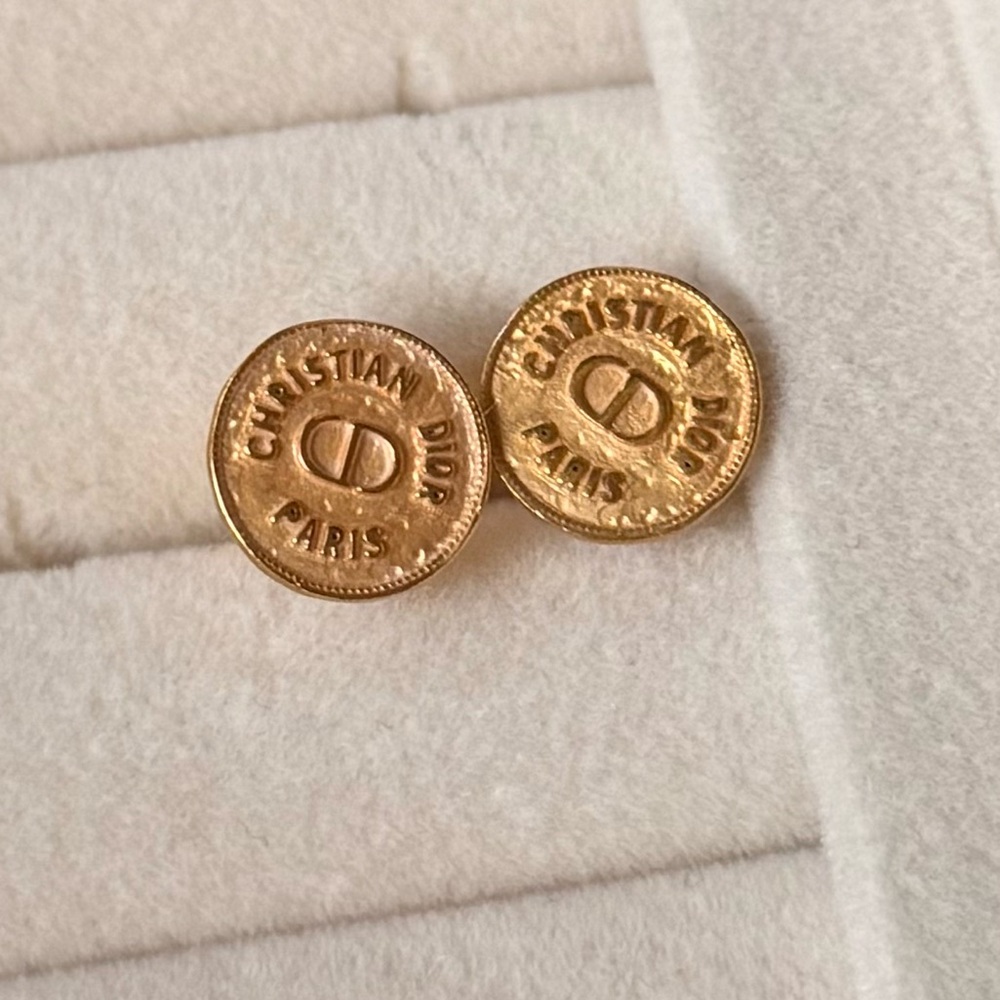 Vintage Christian Dior Paris CD Logo Gold Stud Earrings - Picture 3 of 7